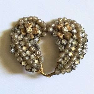 Vintage Robert Rhinestone Bead Gold Flower Clip On Earrings